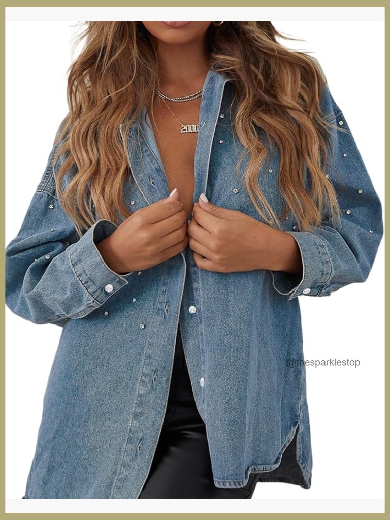 Oversized Denim Shirt Button Down Pearl Rhinestone Shacket Jacket Trendy Blouse